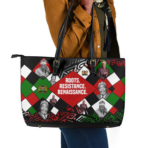 Jomo Kenyatta Leather Tote Bag with Roots Resistance Renaissance and Kenyan Patchwork Pattern Tribute - African Pride