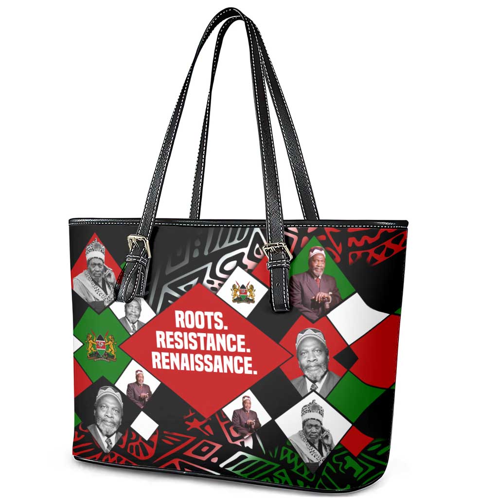 Jomo Kenyatta Leather Tote Bag with Roots Resistance Renaissance and Kenyan Patchwork Pattern Tribute - African Pride