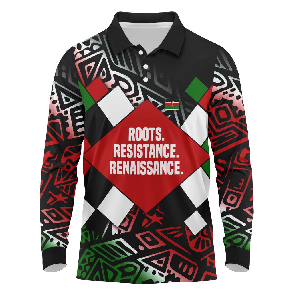 Jomo Kenyatta Long Sleeve Polo Shirt with Roots Resistance Renaissance and Kenyan Patchwork Pattern Tribute - African Pride
