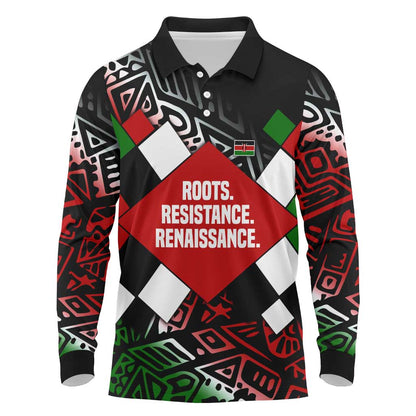 Jomo Kenyatta Long Sleeve Polo Shirt with Roots Resistance Renaissance and Kenyan Patchwork Pattern Tribute - African Pride