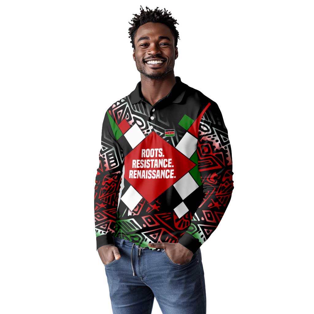 Jomo Kenyatta Long Sleeve Polo Shirt with Roots Resistance Renaissance and Kenyan Patchwork Pattern Tribute - African Pride