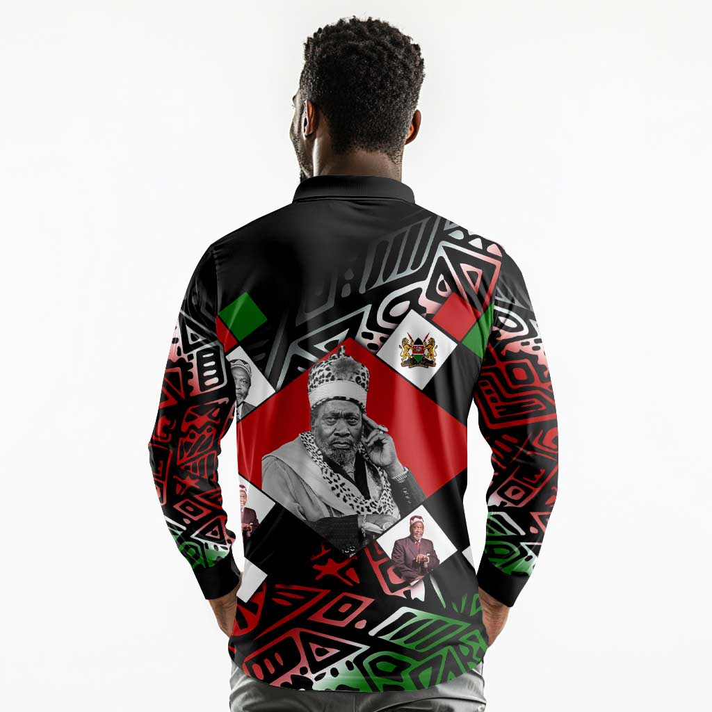 Jomo Kenyatta Long Sleeve Polo Shirt with Roots Resistance Renaissance and Kenyan Patchwork Pattern Tribute - African Pride