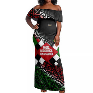 Jomo Kenyatta Off Shoulder Maxi Dress with Roots Resistance Renaissance and Kenyan Patchwork Pattern Tribute - African Pride