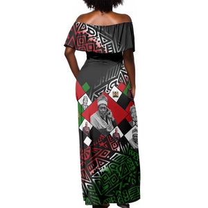 Jomo Kenyatta Off Shoulder Maxi Dress with Roots Resistance Renaissance and Kenyan Patchwork Pattern Tribute - African Pride