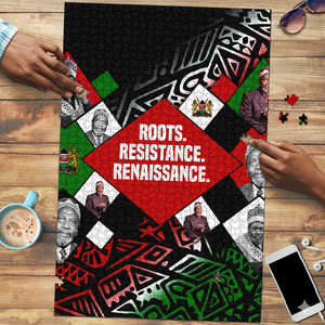 Jomo Kenyatta Puzzle with Roots Resistance Renaissance and Kenyan Patchwork Pattern Tribute - African Pride