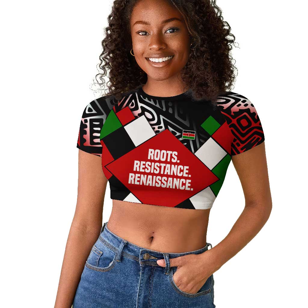Jomo Kenyatta Raglan Cropped T shirt with Roots Resistance Renaissance and Kenyan Patchwork Pattern Tribute - African Pride