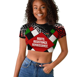 Jomo Kenyatta Raglan Cropped T shirt with Roots Resistance Renaissance and Kenyan Patchwork Pattern Tribute - African Pride