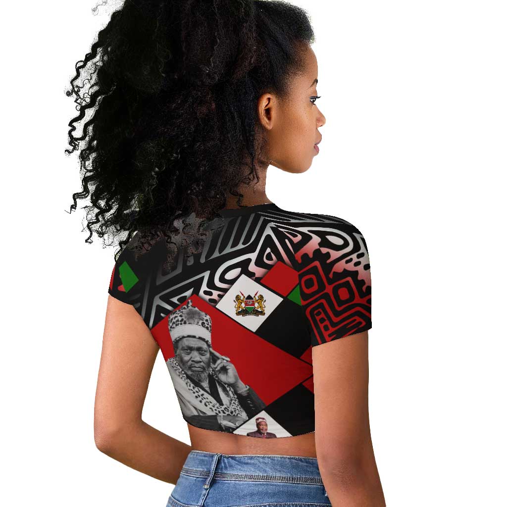 Jomo Kenyatta Raglan Cropped T shirt with Roots Resistance Renaissance and Kenyan Patchwork Pattern Tribute - African Pride