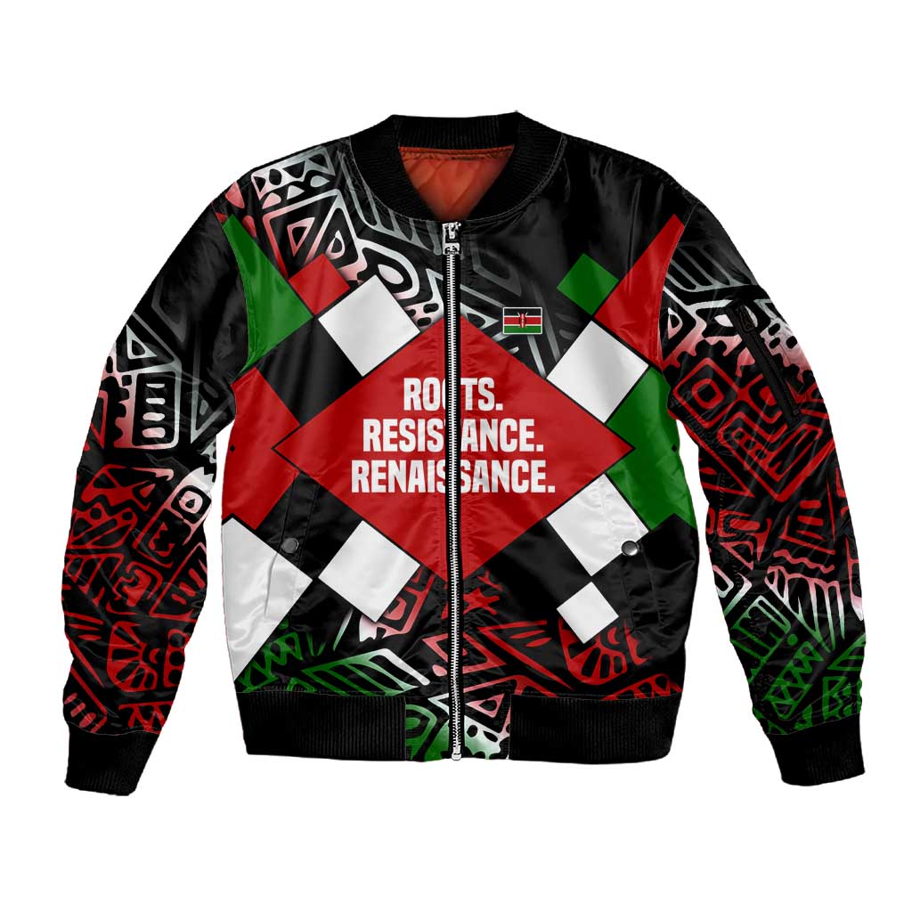Jomo Kenyatta Sleeve Zip Bomber Jacket with Roots Resistance Renaissance and Kenyan Patchwork Pattern Tribute - African Pride