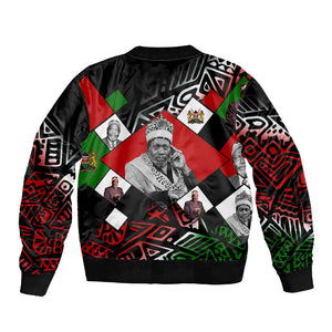 Jomo Kenyatta Sleeve Zip Bomber Jacket with Roots Resistance Renaissance and Kenyan Patchwork Pattern Tribute - African Pride