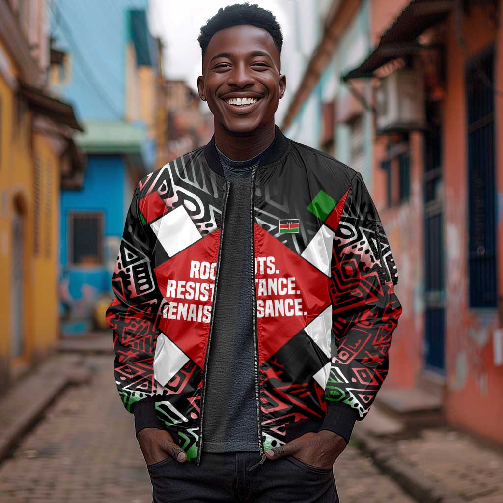 Jomo Kenyatta Sleeve Zip Bomber Jacket with Roots Resistance Renaissance and Kenyan Patchwork Pattern Tribute - African Pride