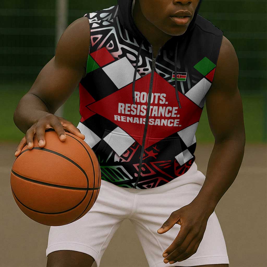 Jomo Kenyatta Sleeveless Zip Hoodie with Roots Resistance Renaissance and Kenyan Patchwork Pattern Tribute - African Pride