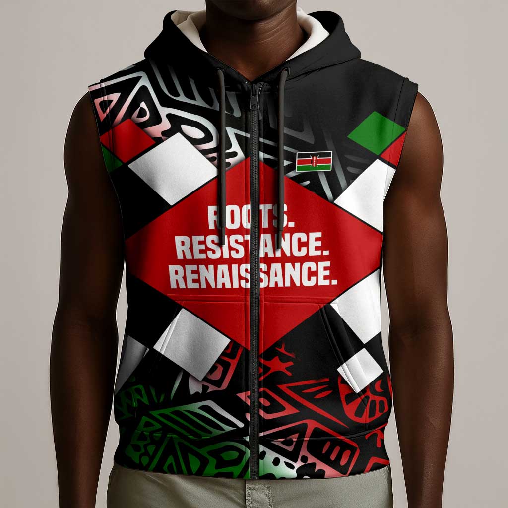 Jomo Kenyatta Sleeveless Zip Hoodie with Roots Resistance Renaissance and Kenyan Patchwork Pattern Tribute - African Pride