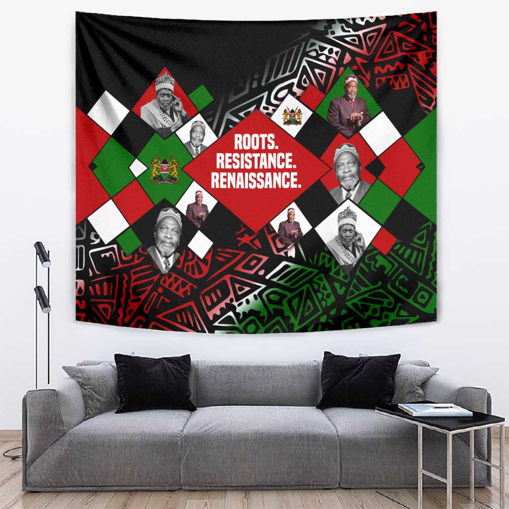 Jomo Kenyatta Tapestry with Roots Resistance Renaissance and Kenyan Patchwork Pattern Tribute - African Pride
