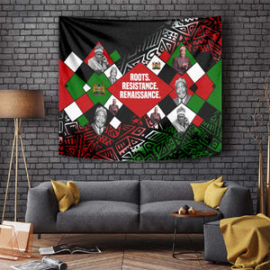 Jomo Kenyatta Tapestry with Roots Resistance Renaissance and Kenyan Patchwork Pattern Tribute - African Pride