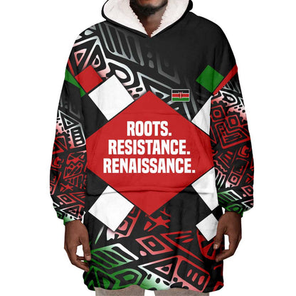 Jomo Kenyatta Wearable Blanket Hoodie with Roots Resistance Renaissance and Kenyan Patchwork Pattern Tribute - African Pride