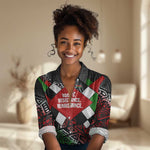Jomo Kenyatta Women Casual Shirt with Roots Resistance Renaissance and Kenyan Patchwork Pattern Tribute - African Pride