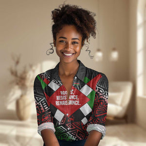 Jomo Kenyatta Women Casual Shirt with Roots Resistance Renaissance and Kenyan Patchwork Pattern Tribute - African Pride