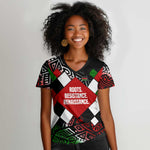 Jomo Kenyatta Women V-Neck T-Shirt with Roots Resistance Renaissance and Kenyan Patchwork Pattern Tribute - African Pride