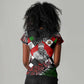 Jomo Kenyatta Women V-Neck T-Shirt with Roots Resistance Renaissance and Kenyan Patchwork Pattern Tribute - African Pride