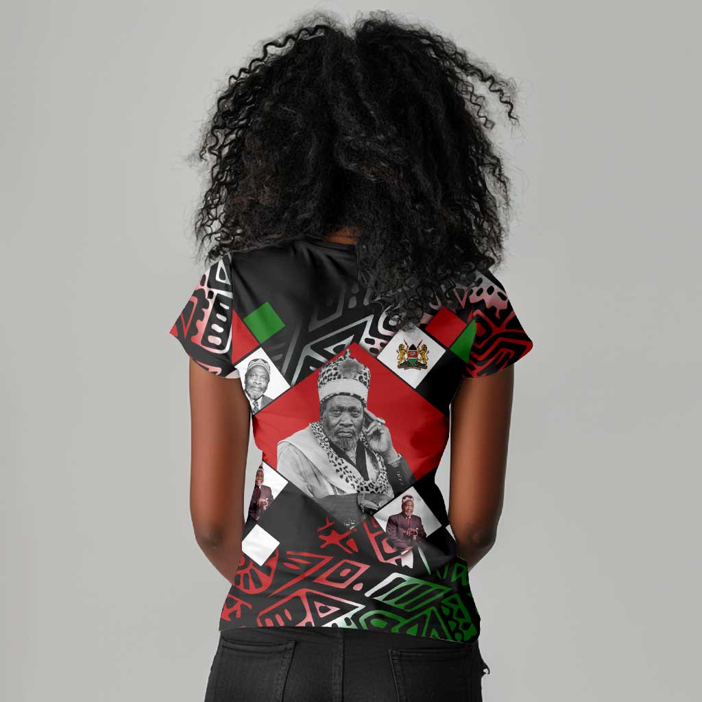 Jomo Kenyatta Women V-Neck T-Shirt with Roots Resistance Renaissance and Kenyan Patchwork Pattern Tribute - African Pride