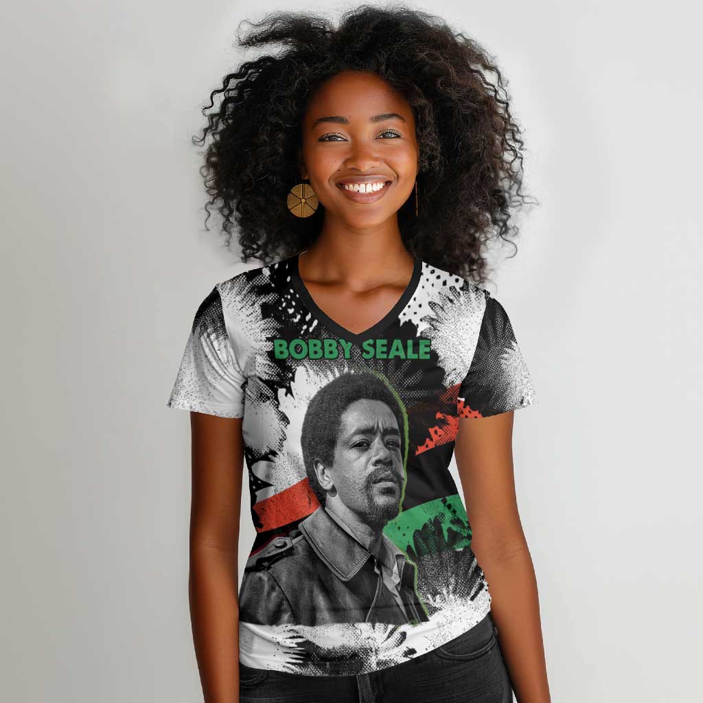 Bobby Seale Women V-Neck T-Shirt Black Panther Artwork Solidarity Quote Revolutionary Civil Rights Tribute - African Pride