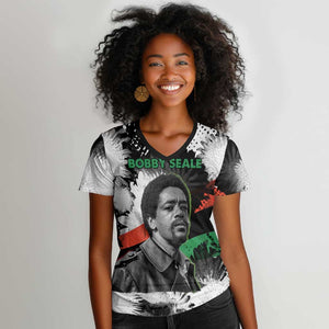 Bobby Seale Women V-Neck T-Shirt Black Panther Artwork Solidarity Quote Revolutionary Civil Rights Tribute - African Pride