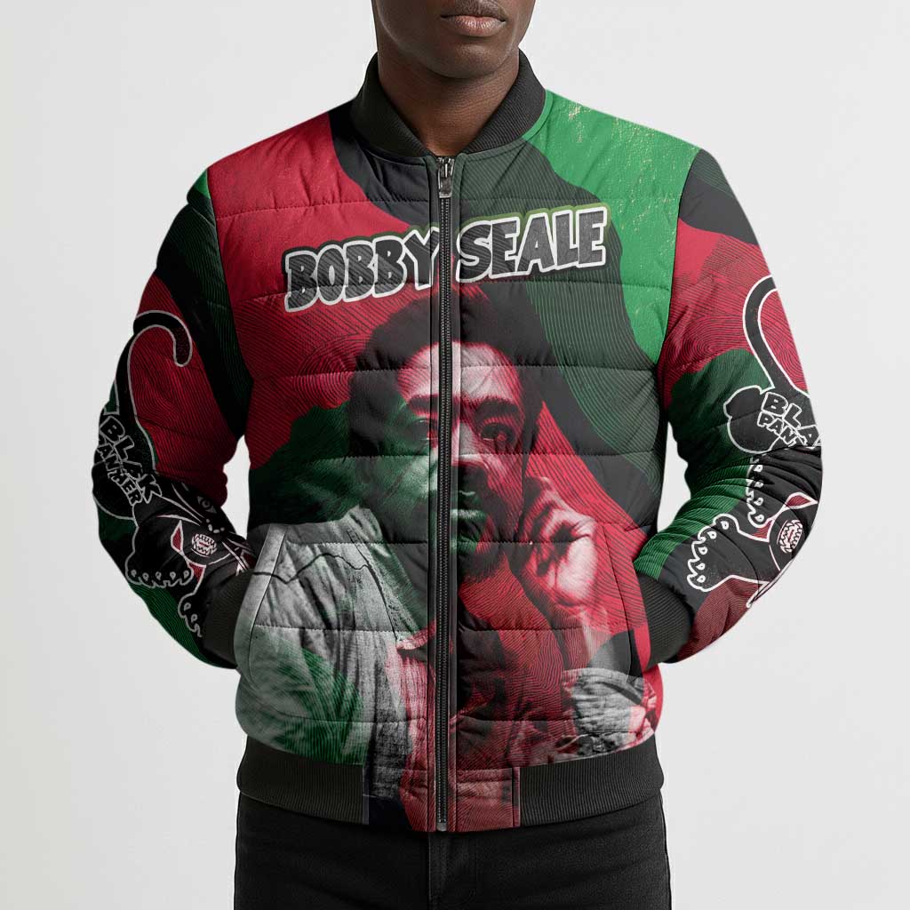 Bobby Seale Bomber Puffer Jacket Black Panther Logo Revolutionary Civil Rights Movement Tribute - African Pride