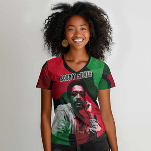Bobby Seale Women V-Neck T-Shirt Black Panther Logo Revolutionary Civil Rights Movement Tribute - African Pride