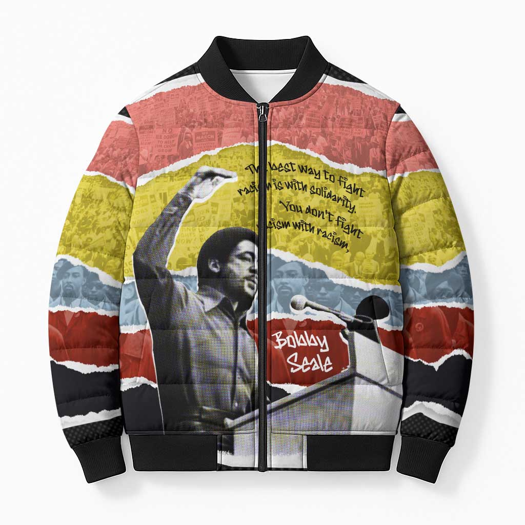 Bobby Seale Bomber Puffer Jacket Torn Paper Collage Design Solidarity Quote Powerful Speech Artwork Civil Rights - African Pride