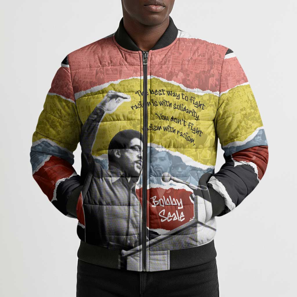 Bobby Seale Bomber Puffer Jacket Torn Paper Collage Design Solidarity Quote Powerful Speech Artwork Civil Rights - African Pride