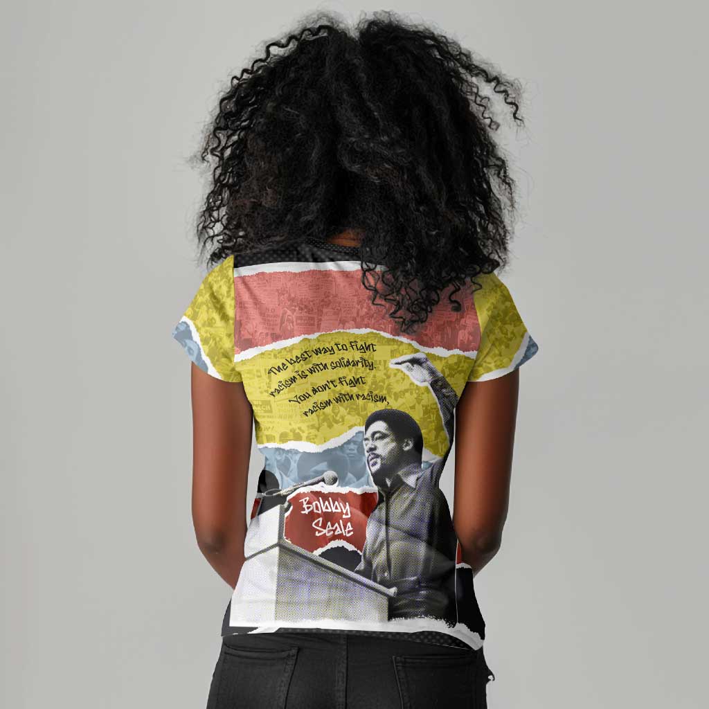 Bobby Seale Women V-Neck T-Shirt Torn Paper Collage Design Solidarity Quote Powerful Speech Artwork Civil Rights - African Pride