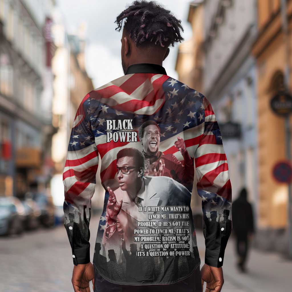 Stokely Carmichael Long Sleeve Button Shirt American Flag Background Black Power Quote Civil Rights Leader Powerful Speech - African Pride