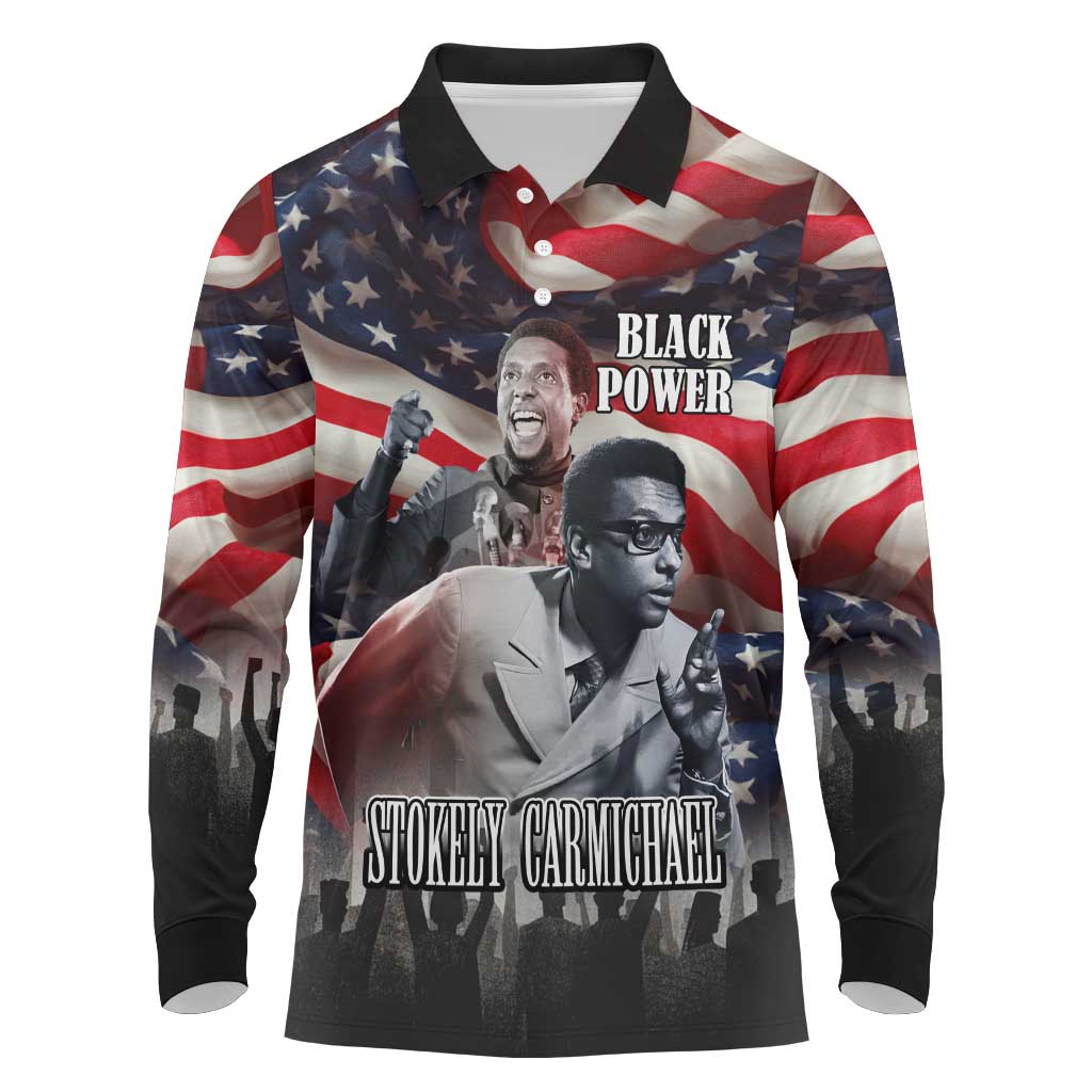 Stokely Carmichael Long Sleeve Polo Shirt American Flag Background Black Power Quote Civil Rights Leader Powerful Speech - African Pride