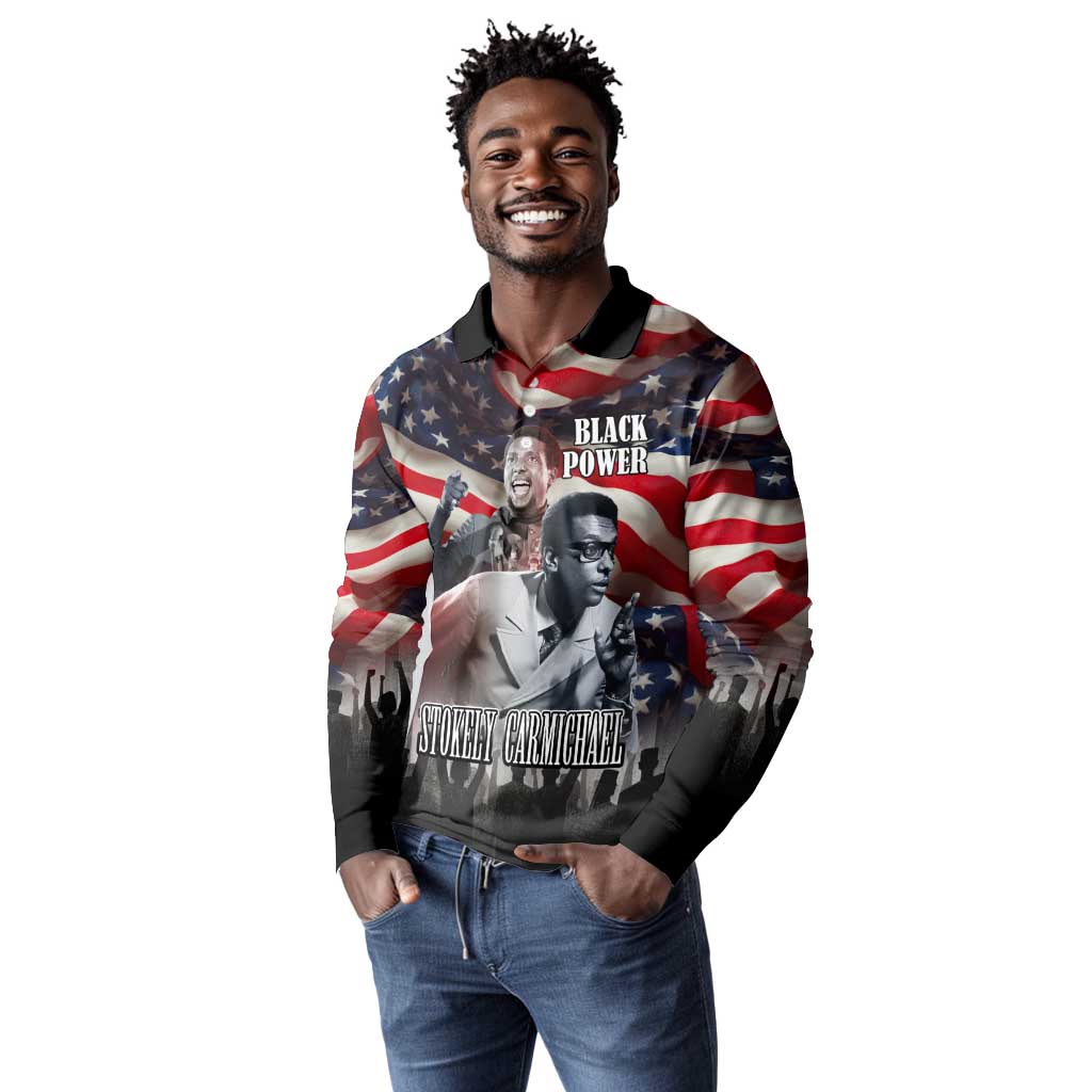Stokely Carmichael Long Sleeve Polo Shirt American Flag Background Black Power Quote Civil Rights Leader Powerful Speech - African Pride