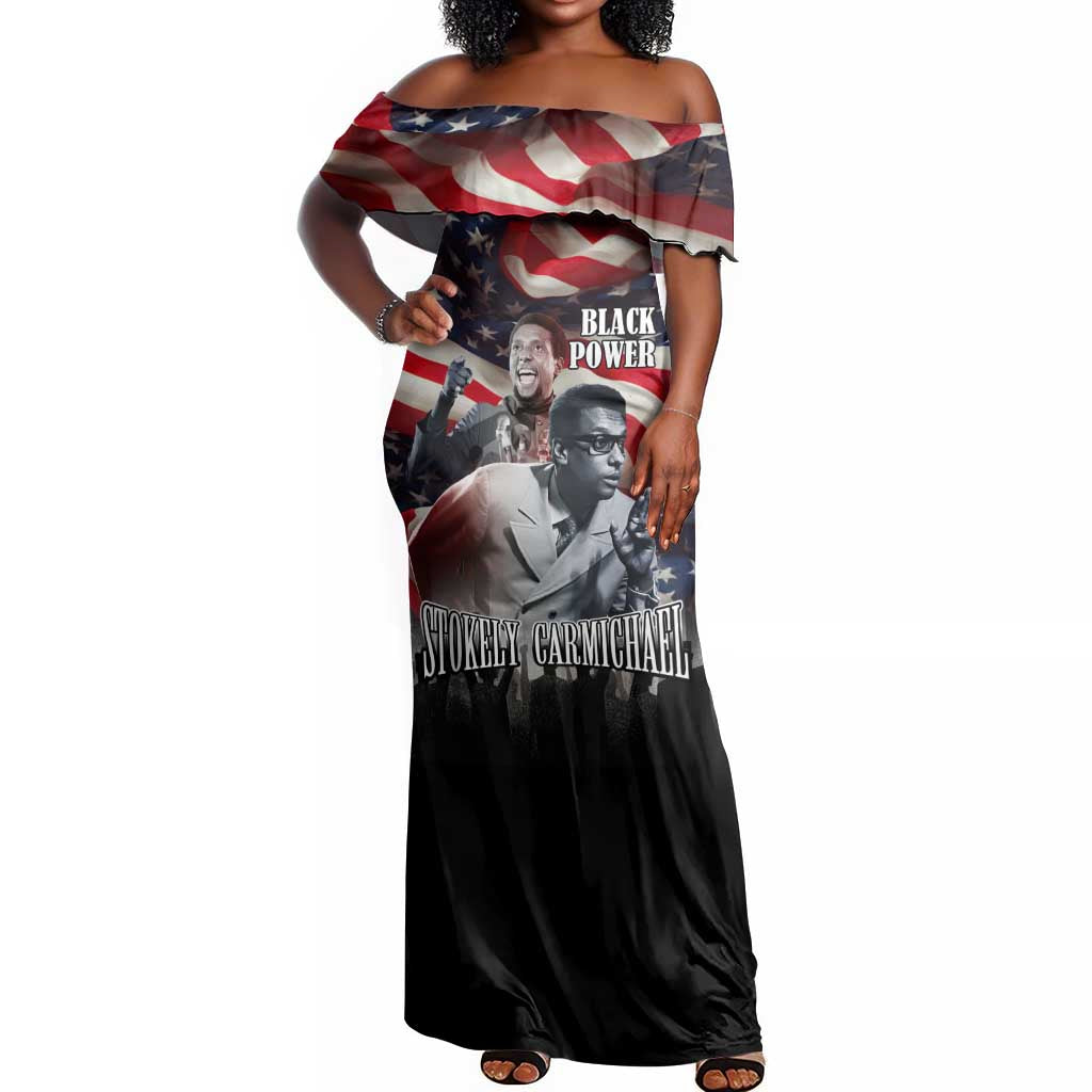Stokely Carmichael Off Shoulder Maxi Dress American Flag Background Black Power Quote Civil Rights Leader Powerful Speech - African Pride