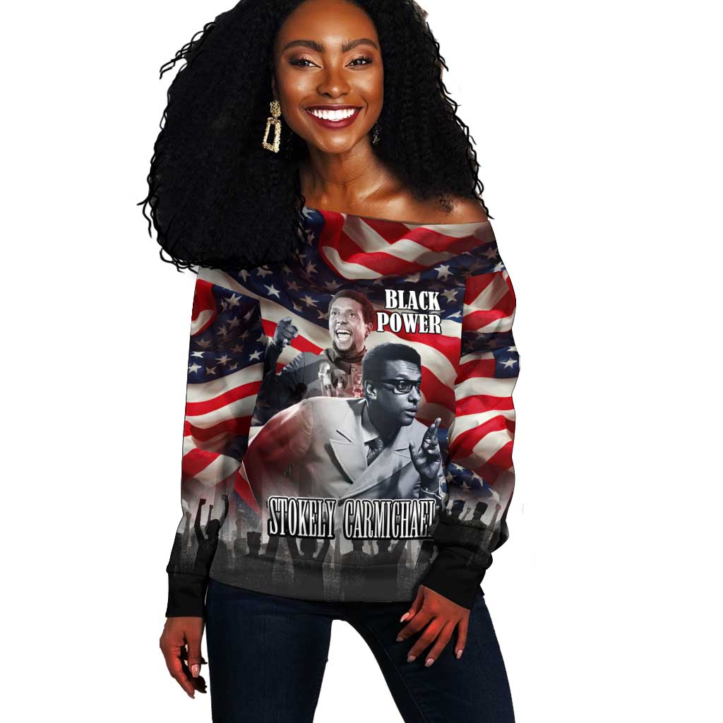 Stokely Carmichael Off Shoulder Sweater American Flag Background Black Power Quote Civil Rights Leader Powerful Speech - African Pride