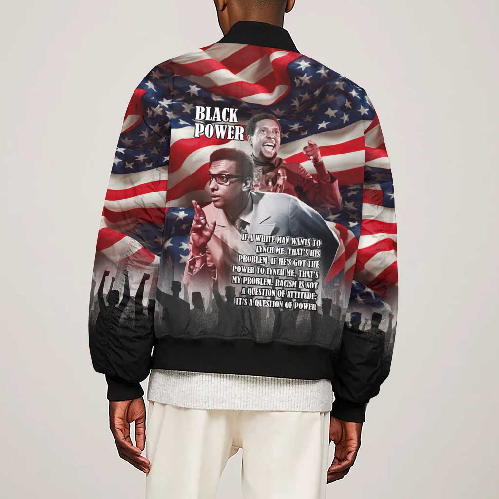 Stokely Carmichael Sleeve Zip Bomber Jacket American Flag Background Black Power Quote Civil Rights Leader Powerful Speech - African Pride