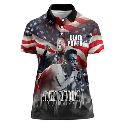Stokely Carmichael Women Polo Shirt American Flag Background Black Power Quote Civil Rights Leader Powerful Speech - African Pride
