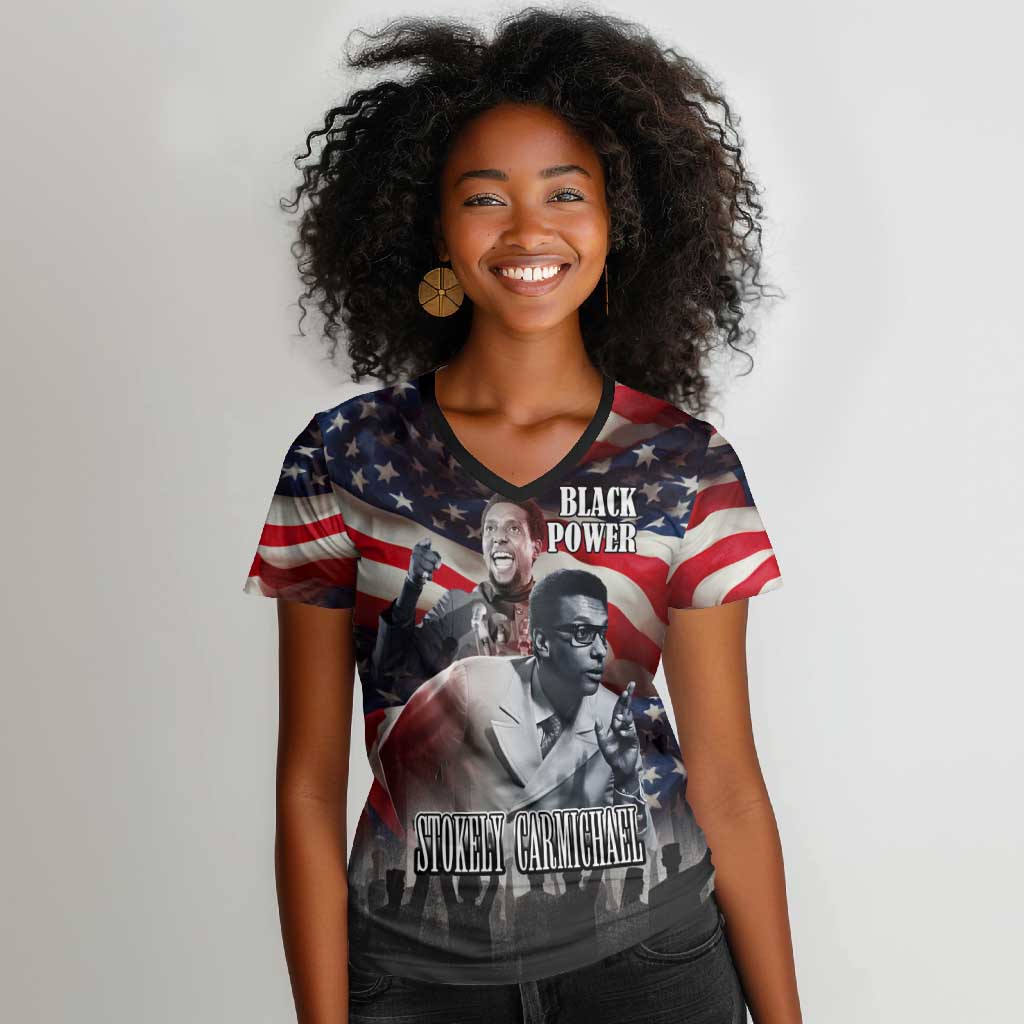 Stokely Carmichael Women V-Neck T-Shirt American Flag Background Black Power Quote Civil Rights Leader Powerful Speech - African Pride