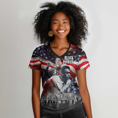 Stokely Carmichael Women V-Neck T-Shirt American Flag Background Black Power Quote Civil Rights Leader Powerful Speech - African Pride