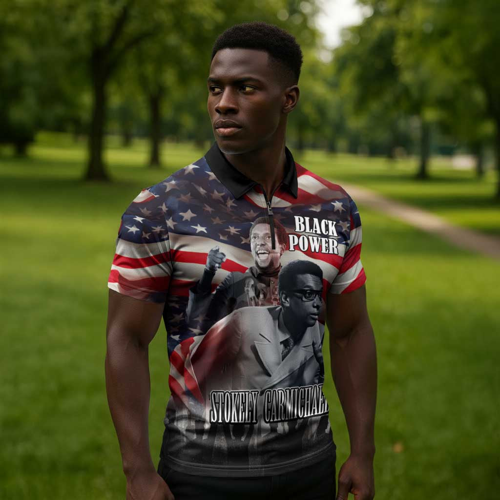 Stokely Carmichael Zipper Polo Shirt American Flag Background Black Power Quote Civil Rights Leader Powerful Speech - African Pride