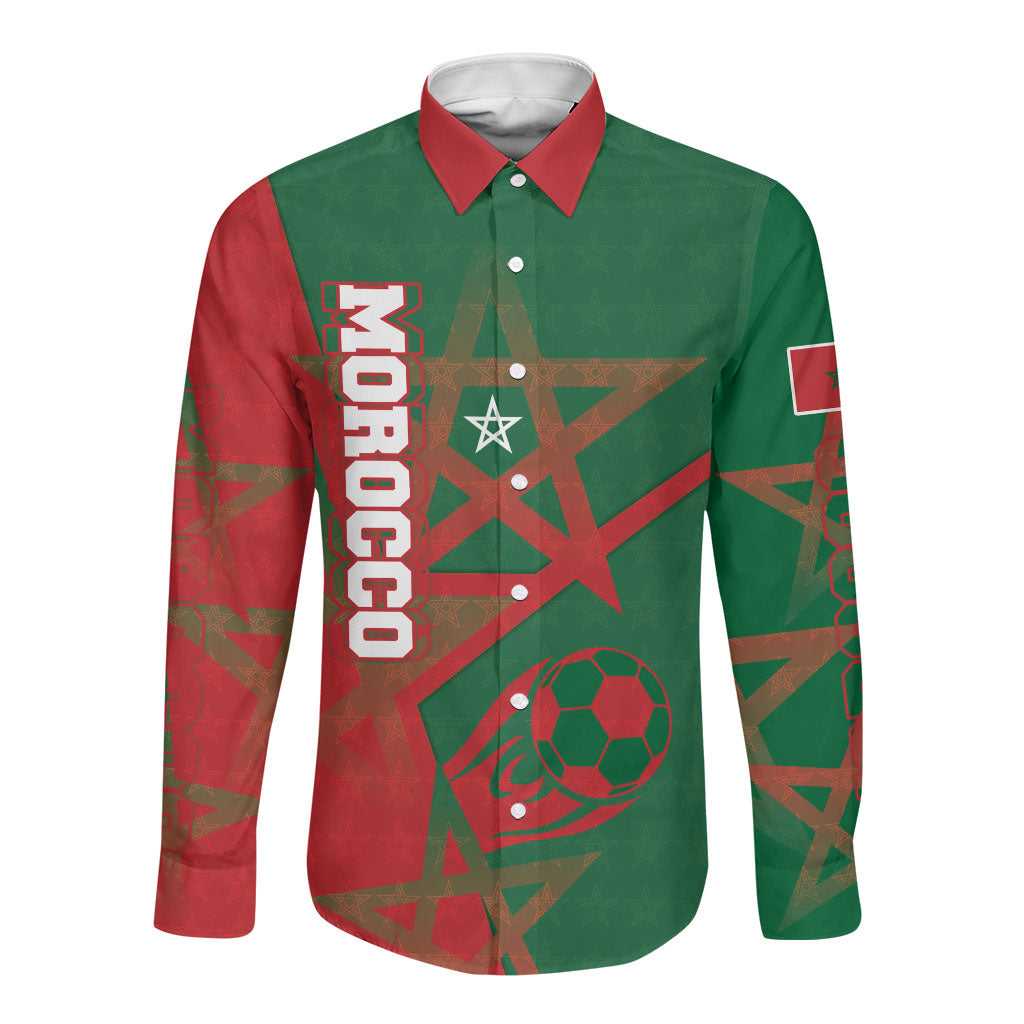 Personalized Morocco Football Long Sleeve Button Shirt Geometric Star Flag Soccer National Pride