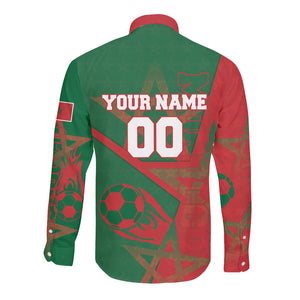 Personalized Morocco Football Long Sleeve Button Shirt Geometric Star Flag Soccer National Pride