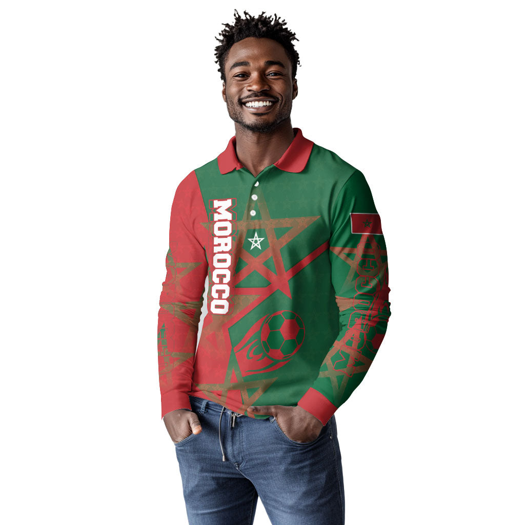 Personalized Morocco Football Long Sleeve Polo Shirt Geometric Star Flag Soccer National Pride