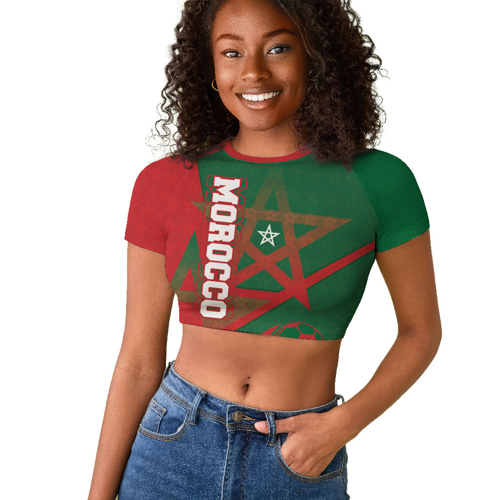 Personalized Morocco Football Raglan Cropped T shirt Geometric Star Flag Soccer National Pride