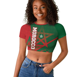 Personalized Morocco Football Raglan Cropped T shirt Geometric Star Flag Soccer National Pride