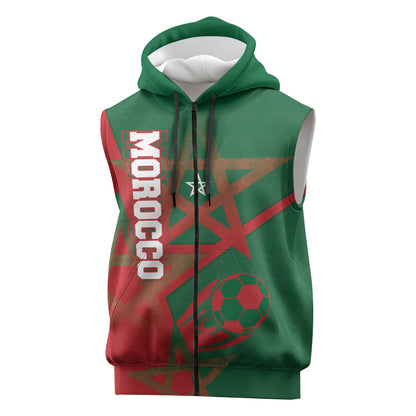 Personalized Morocco Football Sleeveless Zip Hoodie Geometric Star Flag Soccer National Pride