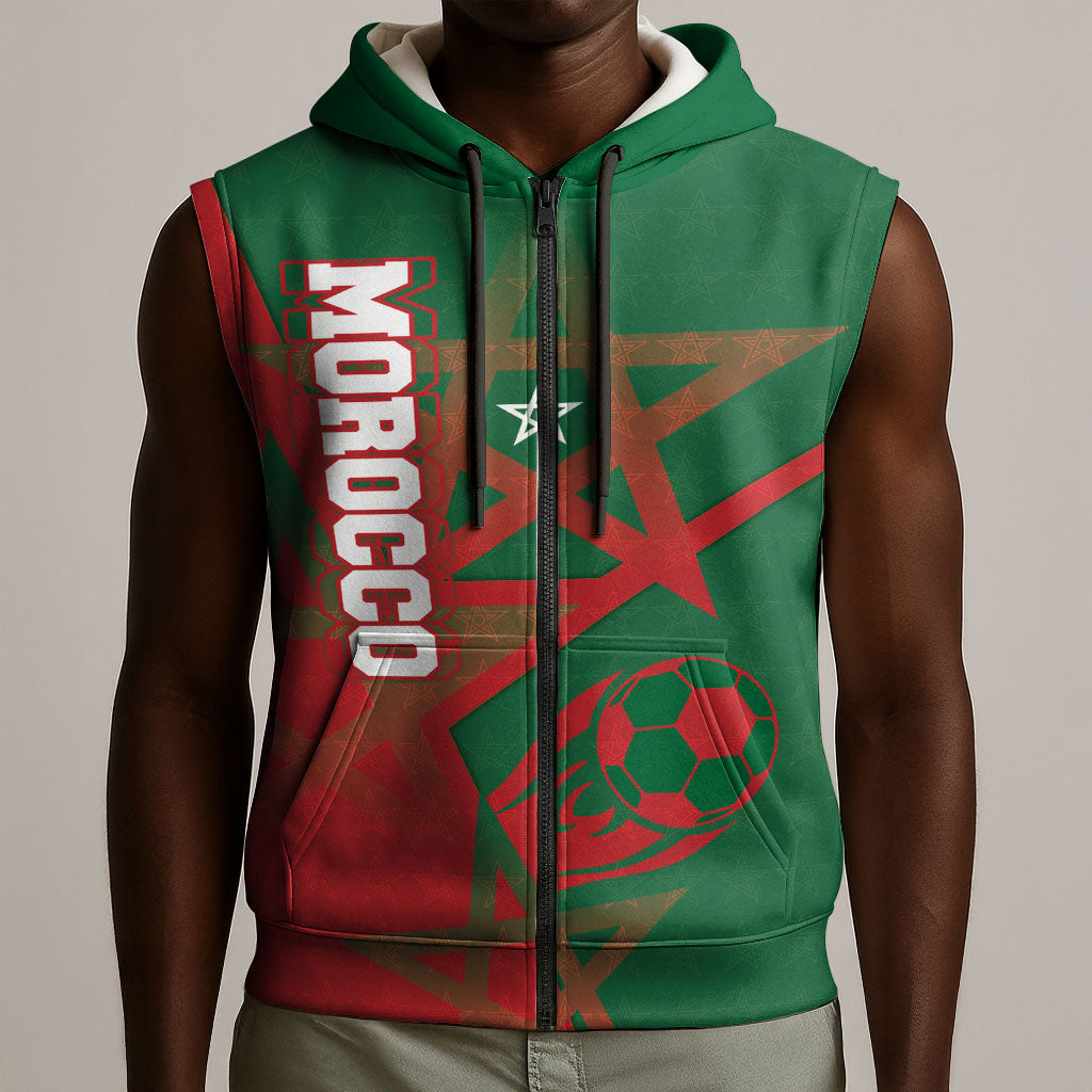 Personalized Morocco Football Sleeveless Zip Hoodie Geometric Star Flag Soccer National Pride