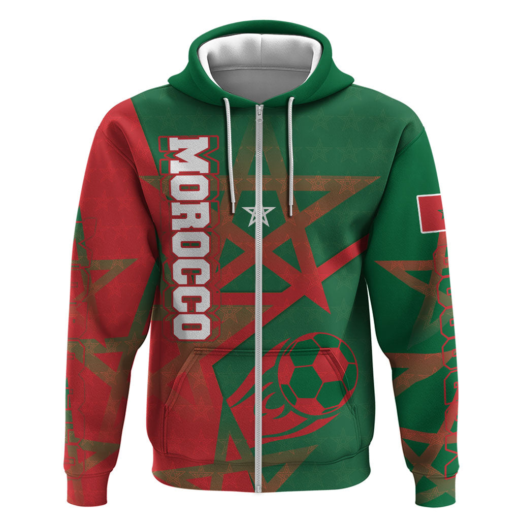 Personalized Morocco Football Zip Hoodie Geometric Star Flag Soccer National Pride